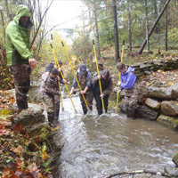 students using nets to catch and study fish in a stream